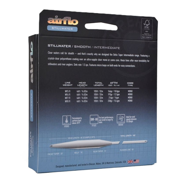 Back of the packaging for the Airflo Delta Taper Clear Intermediate Sinking Fly Line, on a white background.