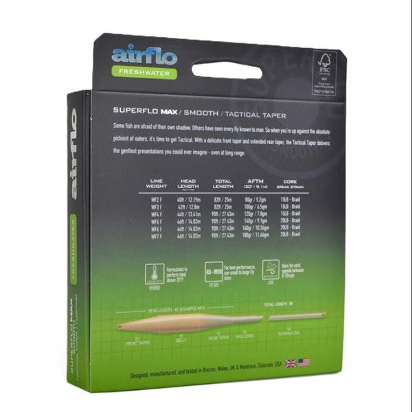 Airflo Superflo Max Smooth tactical taper floating fishing line packaging on a white background.