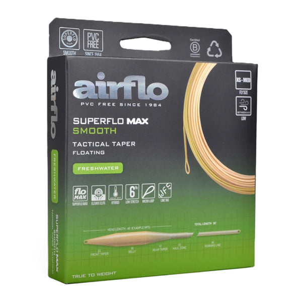 Airflo Superflo Max Smooth tactical taper floating fishing line packaging on a white background.
