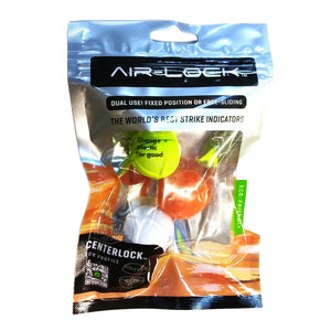 3 assorted colors Airlock CenterLock fishing strike indicators in packaging on a white background.