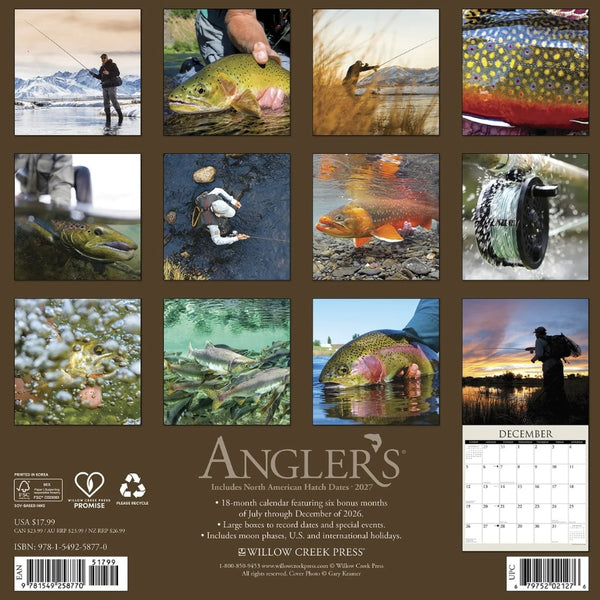 Angler's 2027 wall calendar back cover featuring the images included in the calendar on a grid over a brown background.