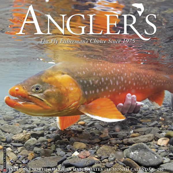 Angler's 2027 wall calendar cover featuring a large char being held underwater over a rocky river bed.