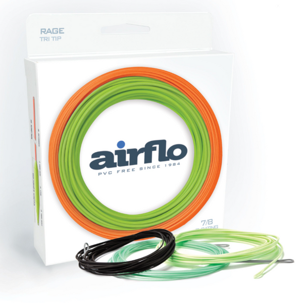 Airflo Rage Tri-Tip Fly fishing line packaging with several tips in front on a white background.