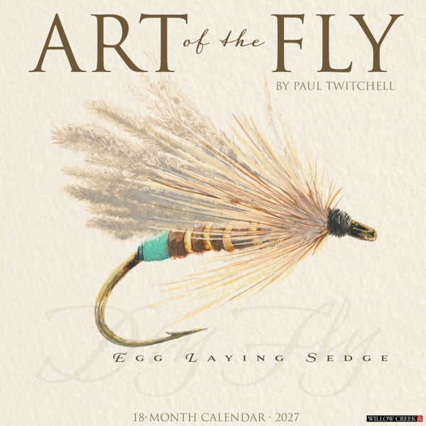 The cover of the 'ART of the FLY' 2027 calendar by Paul Twitchell, featuring a detailed illustration of a fly fishing dry fly on a textured cream background.
