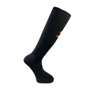 A black Backcountry Skinz Liquid Lockz Waterproof Neoprene Knee Sock for wet wading while flyfishing, shown against a white background.