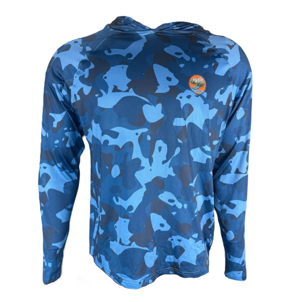 Blue Surge camouflage Backcountry Skinz Men's Solarflexz UV Pro Sun Hoody on a white background.