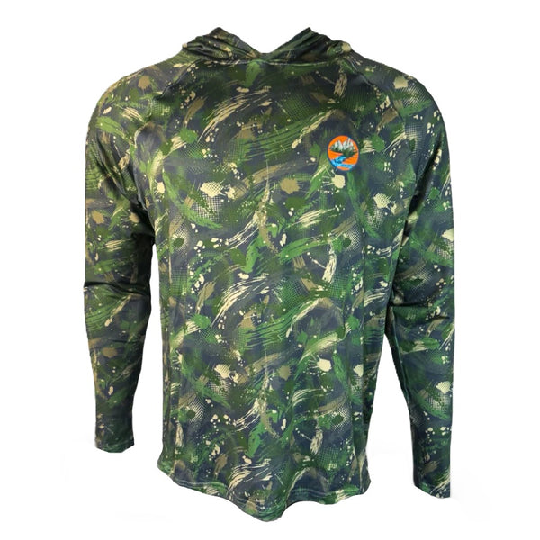 Forest Green Surge camouflage Backcountry Skinz Men's Solarflexz UV Pro Sun Hoody on a white background.