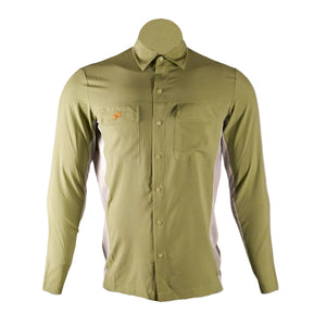 Olive green long-sleeve Backcountry Skinz Men's Aerodrift Snap Front Shirt white side venting panels, on a white background.