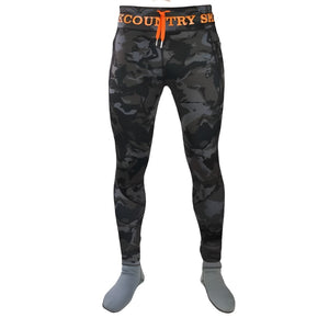Black camo stealth Backcountry Skinz Z Series Neoprene Wet Wading Pants featuring orange logo and drawstring, on a white background.