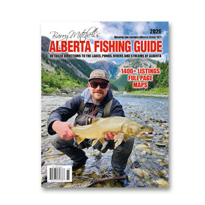 Cover of the 2026 Alberta Fishing Guide with a man holding a fish in a river, on a white background.