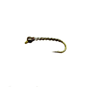 ASB chironomid stillwater fly with a shiny grey body and black bead on a white background.