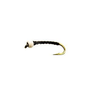 BDC Bruiser stillwater chironomid fly with black body and white bead on a white background.