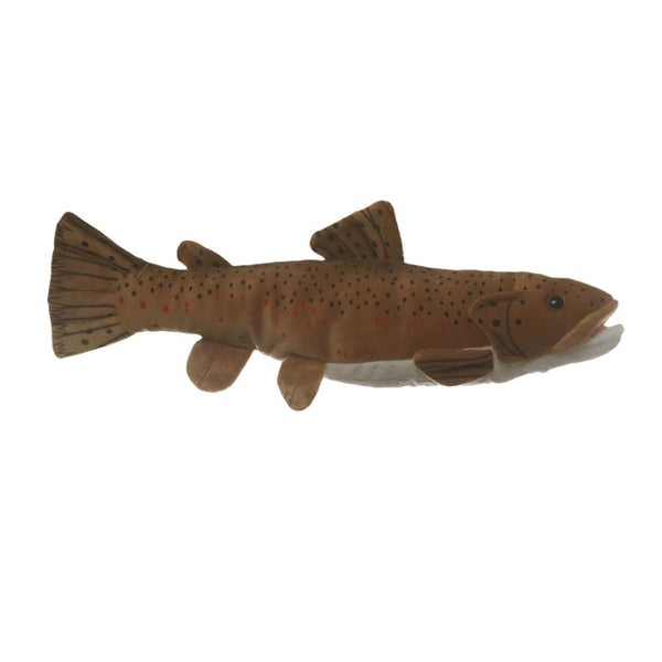A brown trout Cabin Critters Freshwater Fish plush toy animal on a white background.