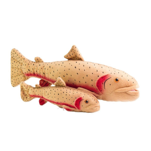 A pair of cutthroat trout small and large Cabin Critters Freshwater Fish plush toy animals on a white background.