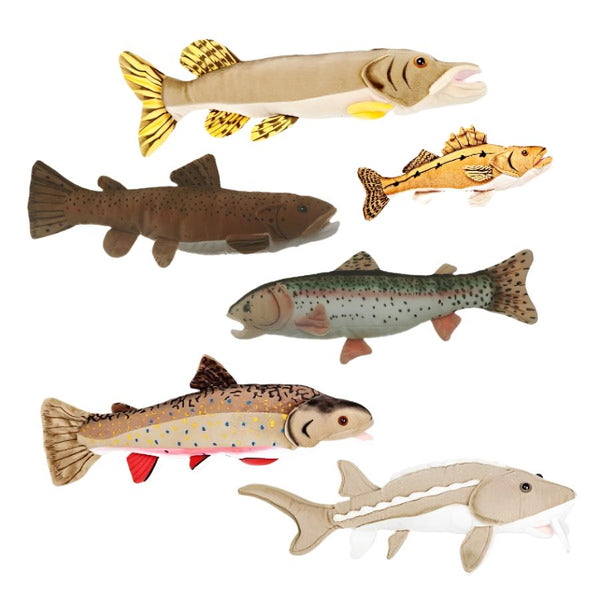 A collection of Cabin Critters plush stuffed fish toys in various freshwater species designs, including trout, walleye, pike and sturgeon.
