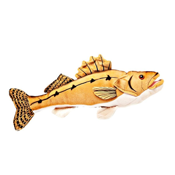 A walleye Cabin Critters Freshwater Fish plush toy animal on a white background.