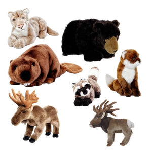 A collection of Cabin Critters plush toy animals designed to look like various Rocky Mountain animals, including a bear, deer, and other similar creatures.