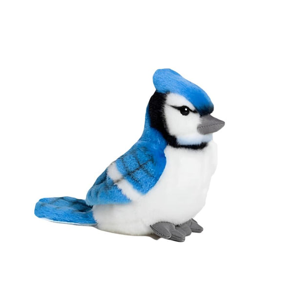 A blue jay Cabin Critters Rocky Mountain Birds stuffed animal on a white background.