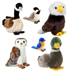 A group of assorted Cabin Critters Rocky Mountain Birds stuffed animals on a white background.