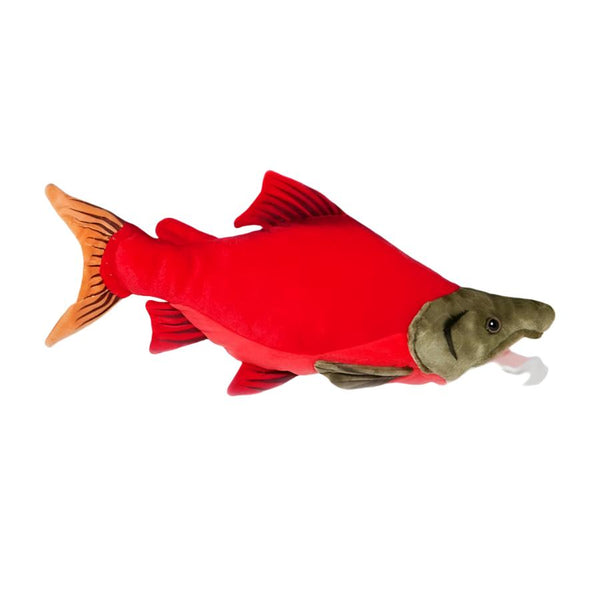 A sockeye salmon Cabin Critters Salmon Species plush toy animal on a white background.