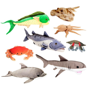 A group of assorted Cabin Critters Saltwater Species plush toy animals on a white background.