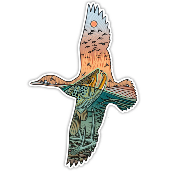 A Casey Underwood decal featuring an illustration of a rising trout with and flock of ducks inside a left-facing flying duck silhouette, against a white background.