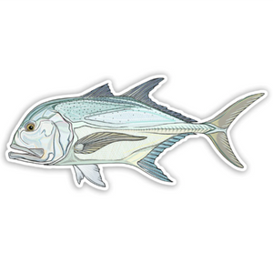 A vinyl decal of a giant trevally fish, designed by Casey Underwood, on a white background.