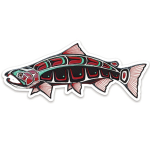 A decal of a Native Coho salmon with red, green, and black colors on a white background, designed by Casey Underwood, against a white background.