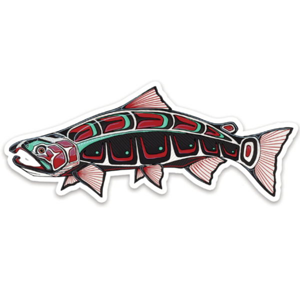 A decal of a Native Coho salmon with red, green, and black colors on a white background, designed by Casey Underwood, against a white background.