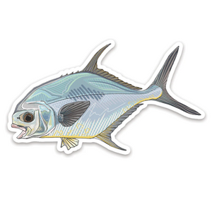 A Casey Underwood vinyl decal of a permit fish, with detailed coloration and fins, against a white background.