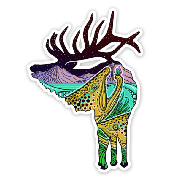 A Casey Underwood colorful decal of an elk silhouette brown trout and a mountainous background within, on a white background.