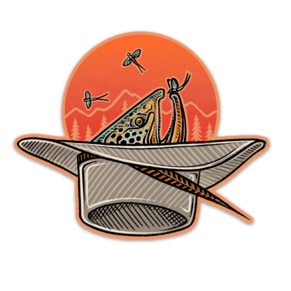 A Casey Underwood decal featuring an illustration of a fish with a hat, set against a stylized sun and mountain background, on a white background.