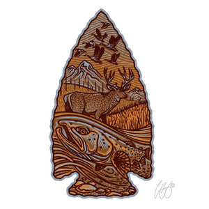 Casey Underwood Stone Point decal with an arrowhead shape and nature theme designs on a white background.