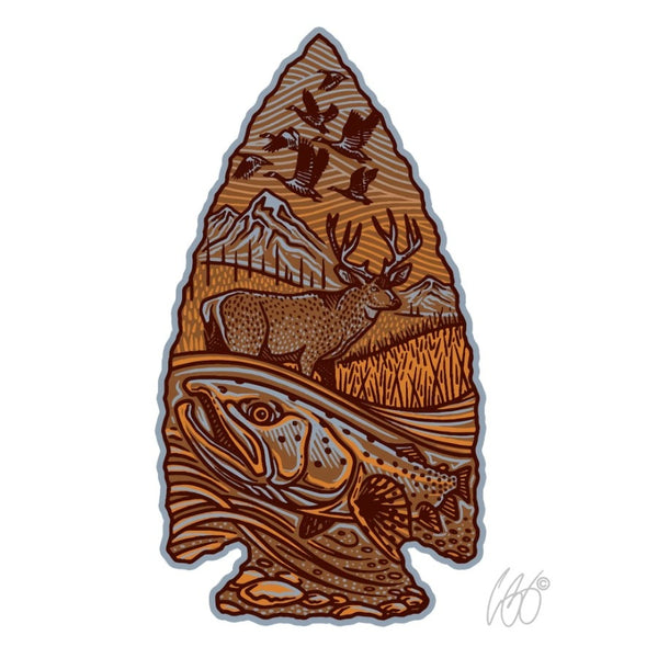 Casey Underwood Stone Point decal with an arrowhead shape and nature theme designs on a white background.