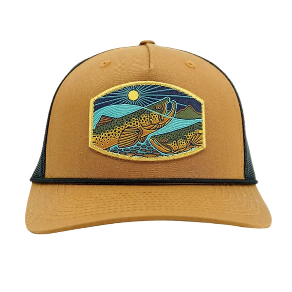 camel brown and black Casey Underwood Moon Risers Trucker Hat with a fish and nature patch on a white background.