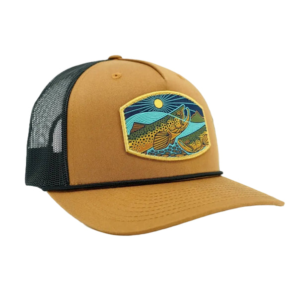 camel brown and black Casey Underwood Moon Risers Trucker Hat with a fish and nature patch on a white background.