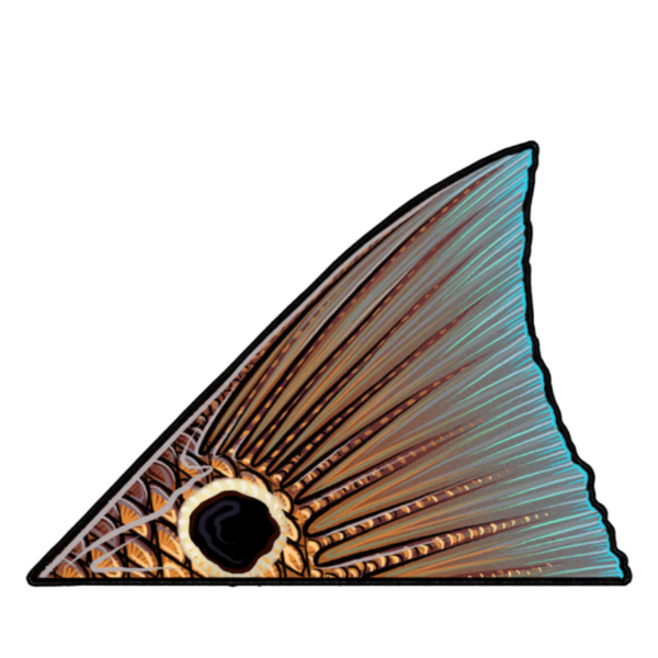 A Casey Underwood decal featuring a left facing redfish tail, on a white background.