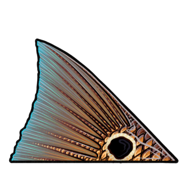 A Casey Underwood decal featuring a right facing redfish tail, on a white background.
