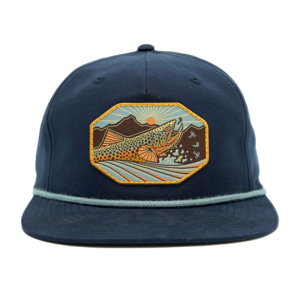 Navy blue Casey Underwood Snapback cap with a fish and nature patch on a white background.