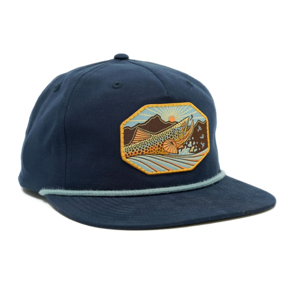 Navy blue Casey Underwood Snapback cap with a fish and nature patch on a white background.