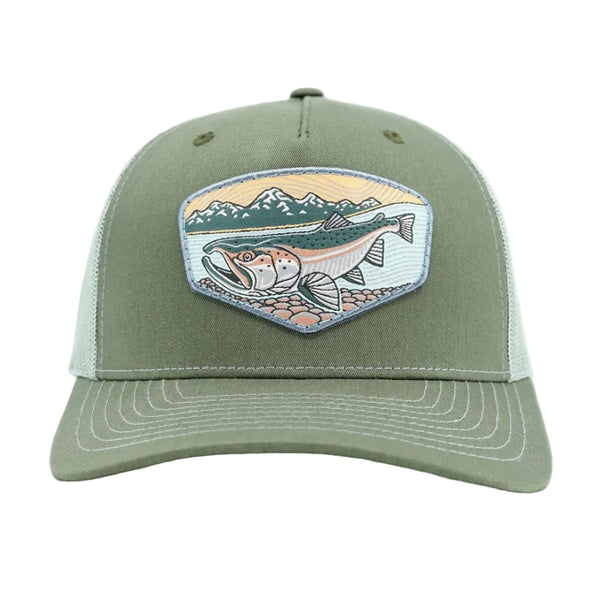 Green Casey Underwood Salt to Stream Trucker Hat with a fish and mountain design on a white background.