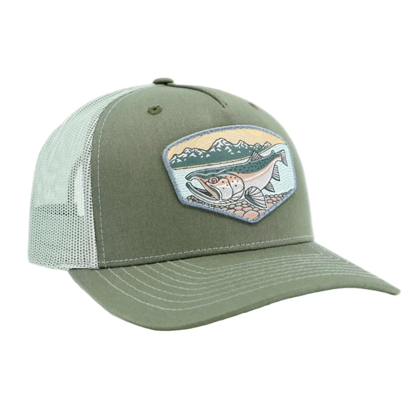 Green with grey mesh back Casey Underwood Salt to Stream Trucker Hat with a fish and mountain design on a white background.