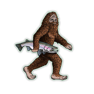 Casey Underwood Steelhead Squatch decal showing an illustration of a Sasquatch holding a fish on a white background.