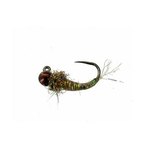 Catch Flies' B-Smo's Jigged Coffee Larva barbless jig nymph on a white background.