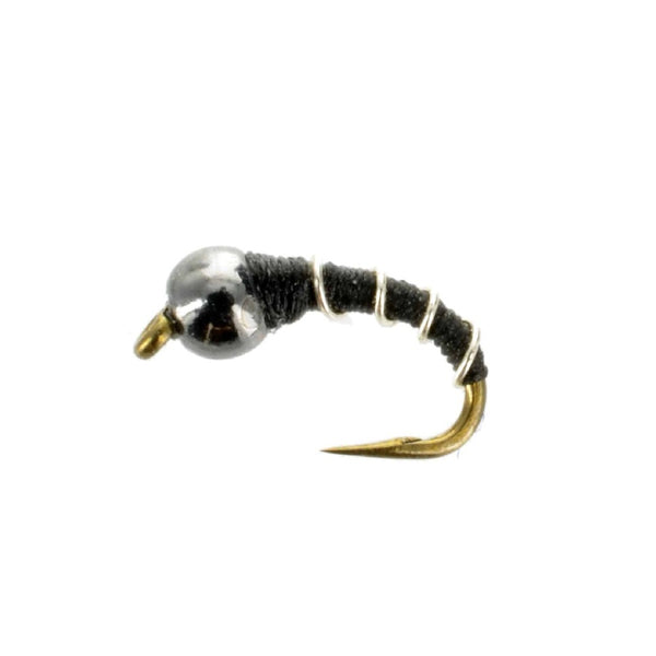 Bead head zebra midge nymph in black with silver ribbing and bead on a white background.