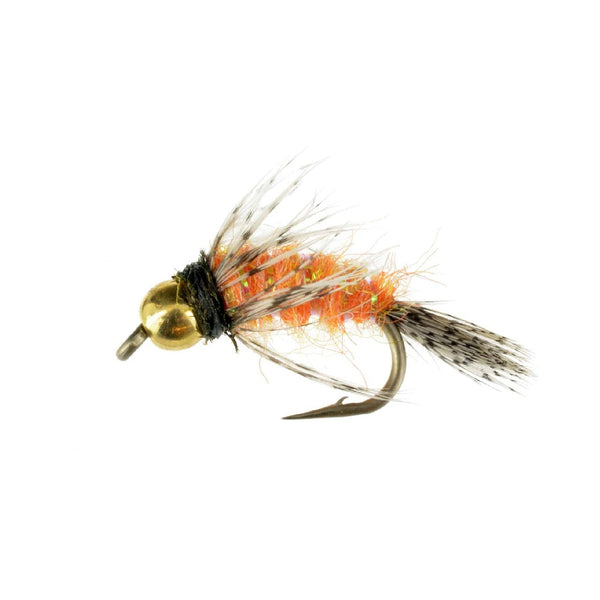 Catch Flies' Bird Of Prey soft hackle fly fishing nymph with orange body and gold bead, on a white background.
