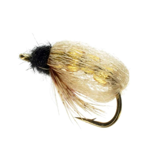 four bead caddis pupa nymph fly side view olive on white background