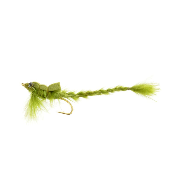 Hartman's dodger damsel nymph stillwater fly in olive on a white background.