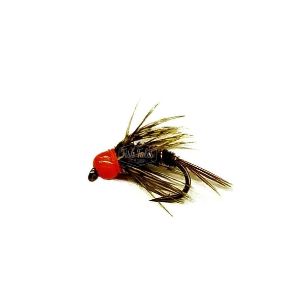 Hot spot soft hackle nymph in natural colors with a bright orange bead head on a white background.