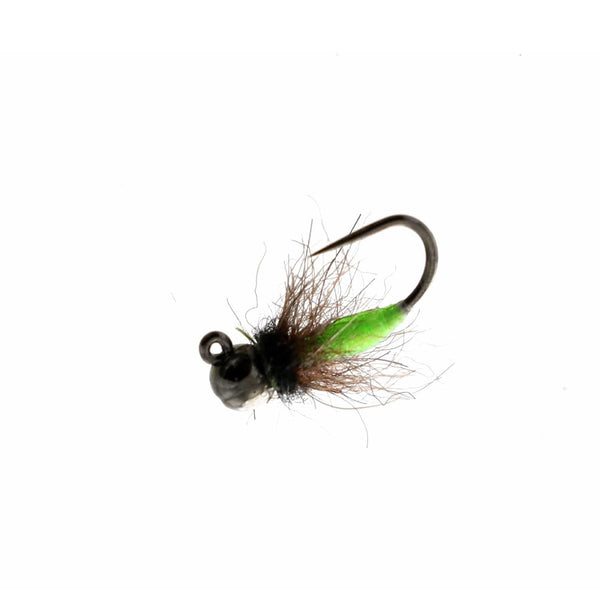 Catch Flies' Newbury's Cold War Caddis fly fishing nymph with a black bead and chartreuse body, on a white background.